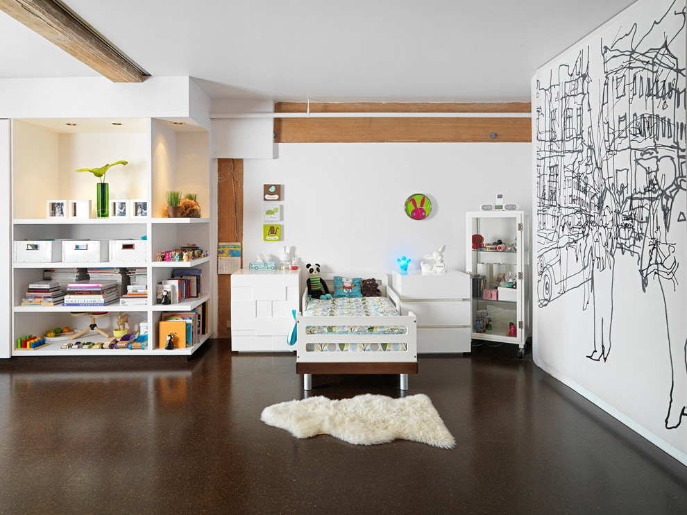 Design ideas for an industrial kids' room in Vancouver with white walls.