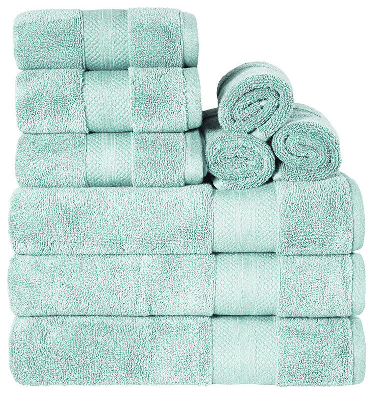 9 Piece Luxury Cotton Face Hand Bath Towel Set, Dusty Aqua