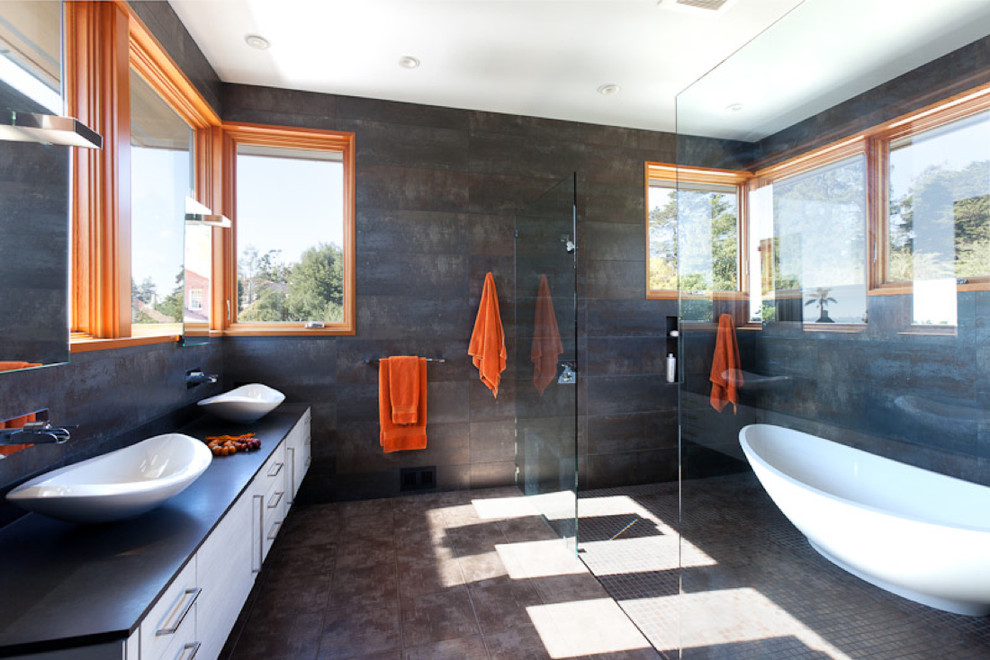 Photo of a contemporary bathroom in San Francisco with a curbless shower and a vessel sink.