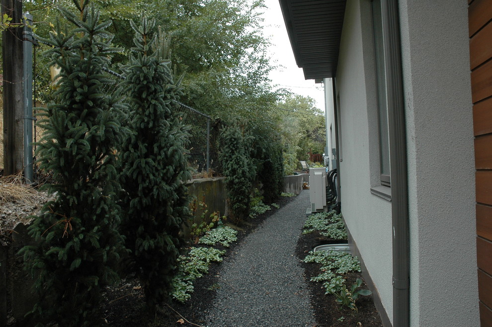 Small modern side yard partial sun formal garden in Salt Lake City with a garden path and gravel for summer.