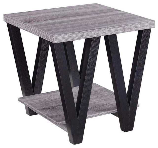 Zig Zag Contemporary Solid Wooden End Table With Bottom Shelf, Gray And