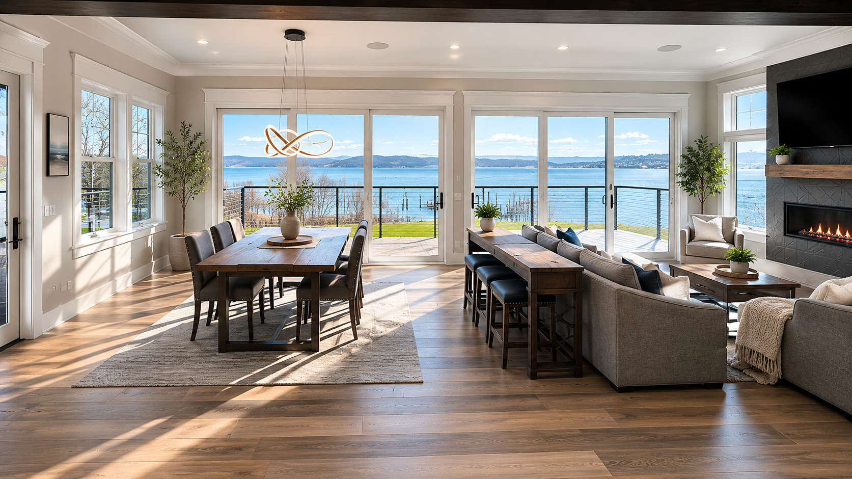 Open Concept Great Room with Panoramic Water Views