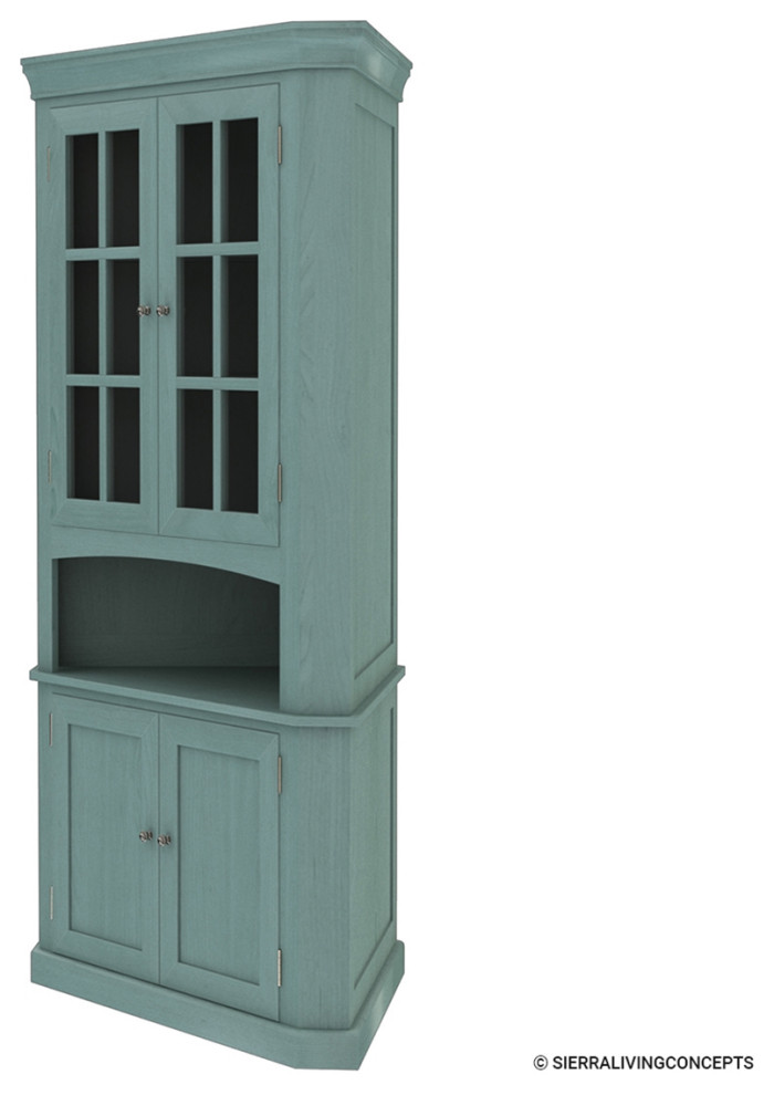 Bremerton Blue Solid Mahogany Wood Glass Door Corner Hutch