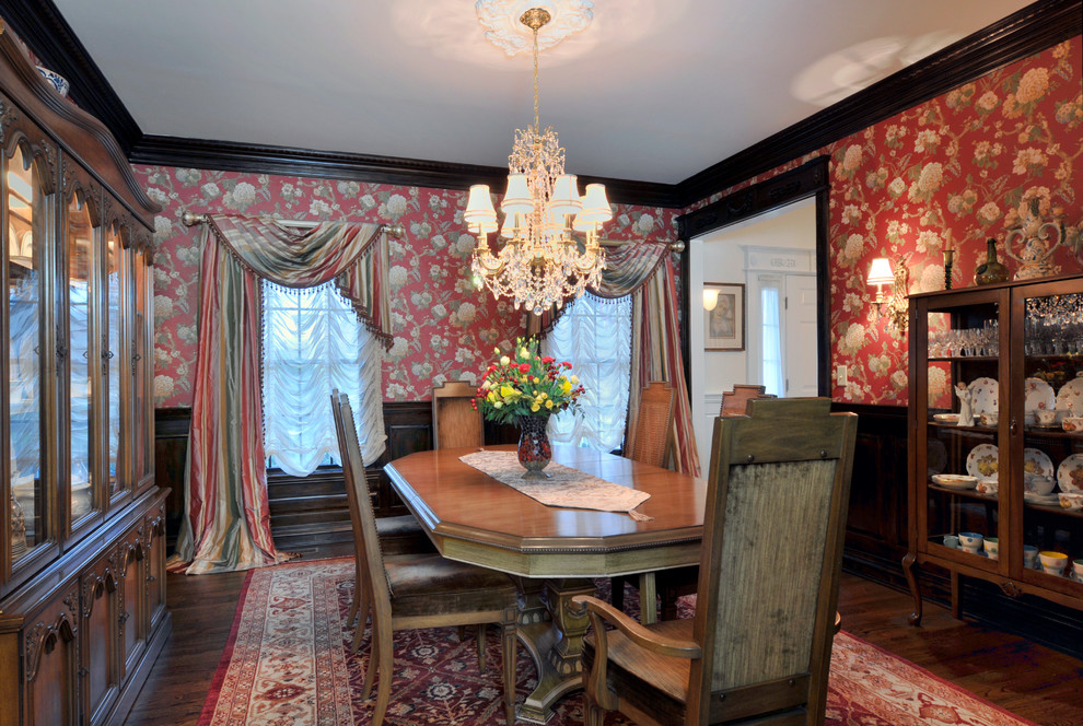 Photo of a mid-sized traditional separate dining room in New York with multi-coloured walls, dark hardwood floors and no fireplace.