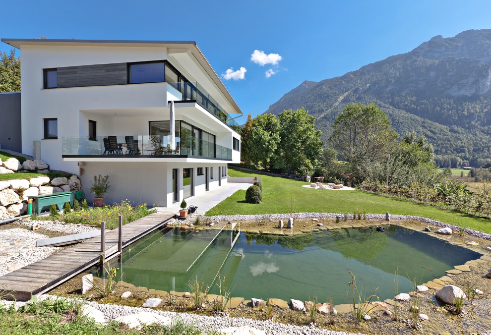 Inspiration for a large country backyard custom-shaped natural pool in Munich with decking.