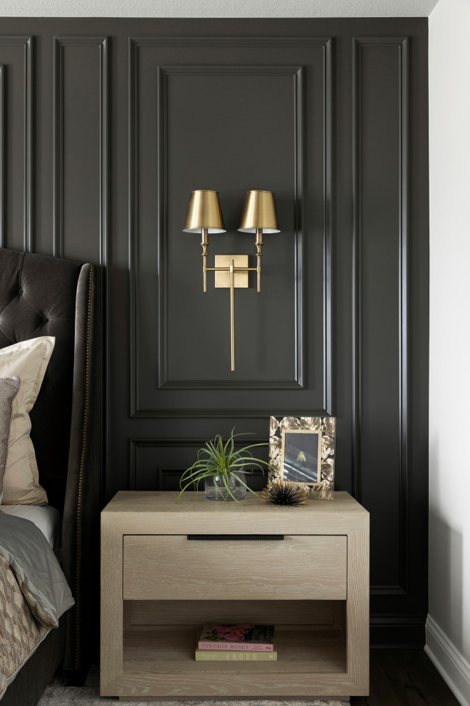 Bedroom - mid-sized transitional master vinyl floor, brown floor, tray ceiling and wainscoting bedroom idea in Minneapolis with beige walls