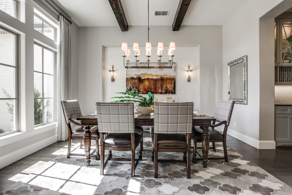 Photo of a transitional separate dining room in Dallas with grey walls, dark hardwood floors and no fireplace.