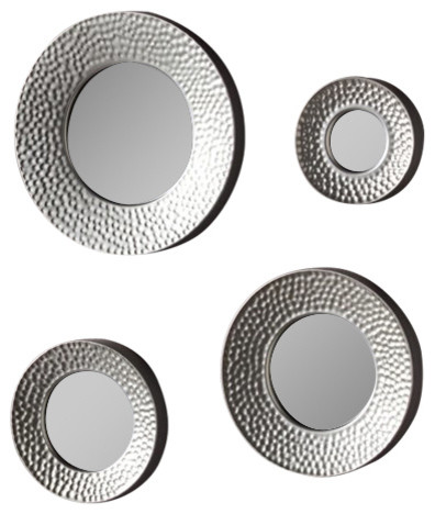 Silver Sphere Wall Mirror 4pc Set, Hammered Silver