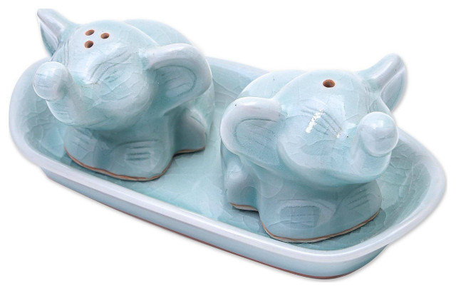 Novica Handmade Cheeky Elephants In Aqua Celadon Ceramic Salt Pepper Set (3 Pcs)