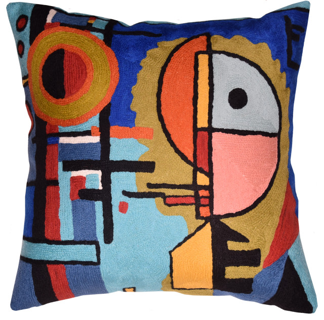 Kandinsky Upwards Abstract Pillow Cover Blue Decorative Hand Embroidered 18x18