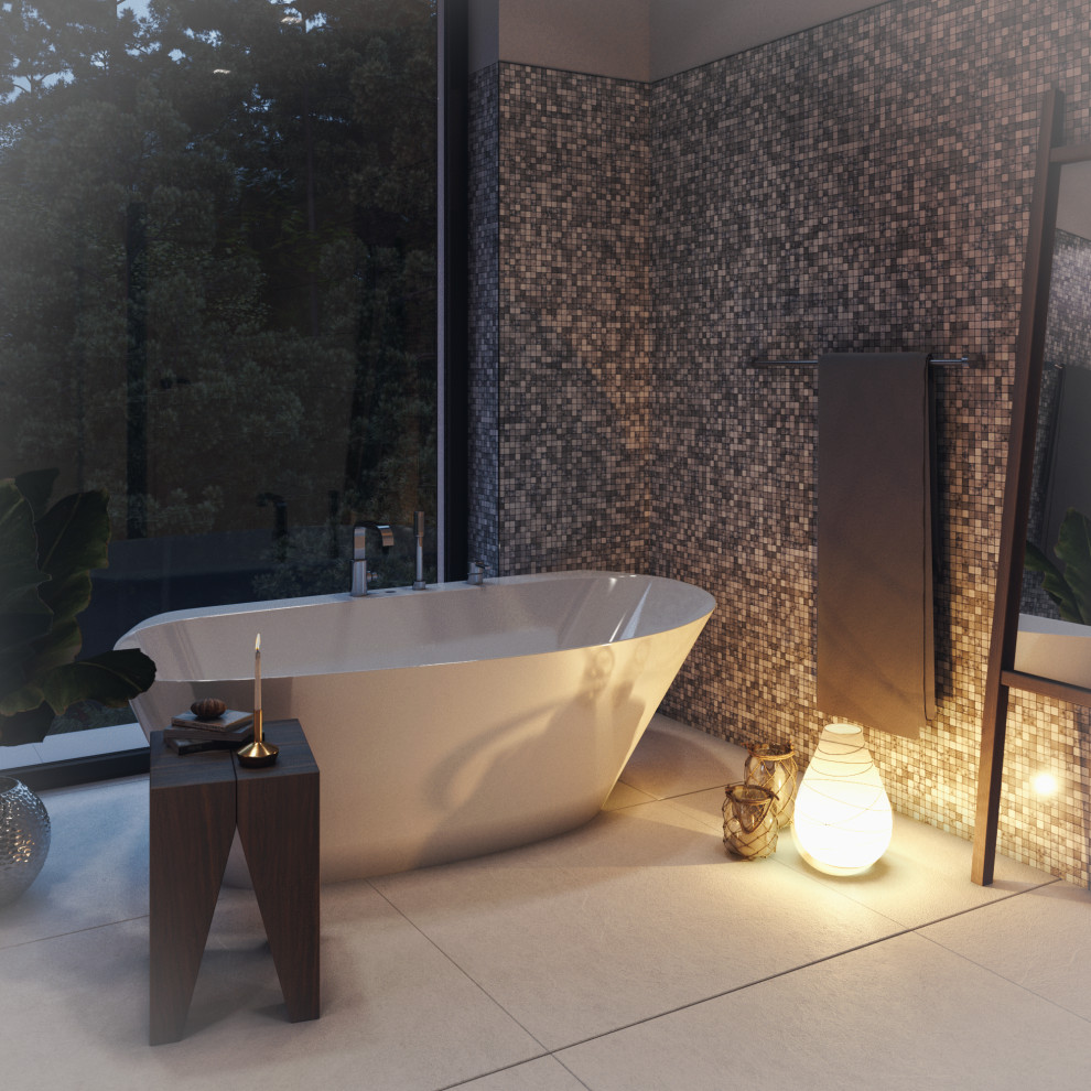Design ideas for an expansive contemporary bathroom in Madrid with a freestanding bath, a walk-in shower, mosaic tiles, an open shower and a freestanding vanity unit.