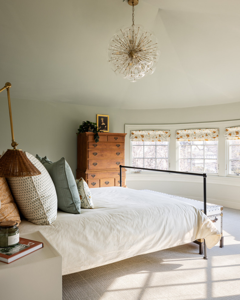 Свежая идея для дизайна: маленькая гостевая спальня (комната для гостей) в стиле фьюжн с зелеными стенами, ковровым покрытием, зеленым полом и сводчатым потолком для на участке и в саду - отличное фото интерьера