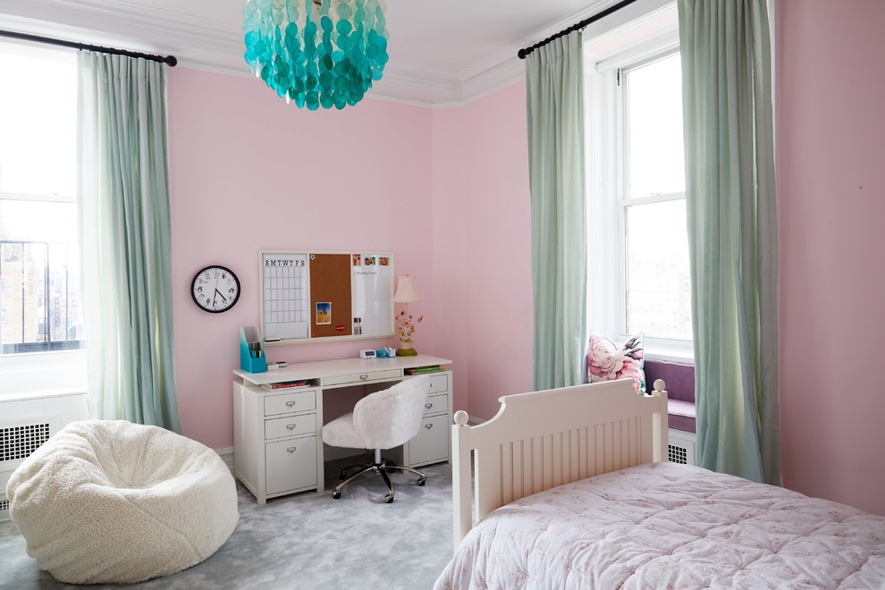Inspiration for a large transitional kids' bedroom for girls in Other with pink walls, carpet and grey floor.