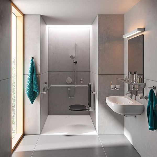 Inspiration for an expansive modern 3/4 bathroom in Hamburg with a curbless shower, a wall-mount toilet, gray tile, stone tile, grey walls, porcelain floors, a wall-mount sink, grey floor, an open shower, a single vanity, wallpaper and wallpaper.