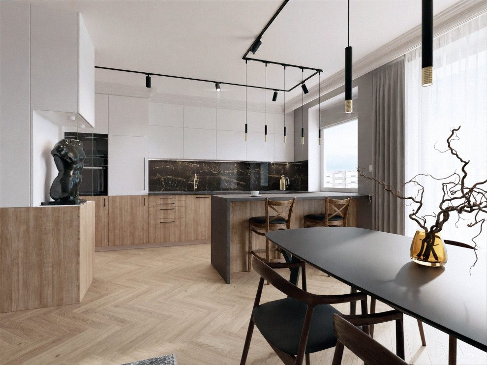 Пример оригинального дизайна: открытая гостиная комната среднего размера в скандинавском стиле с серыми стенами, светлым паркетным полом и телевизором на стене