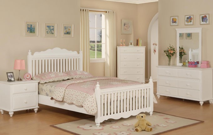Mission Style Pure White Wood 4 Pieces Kids Twin Full Bedroom Set