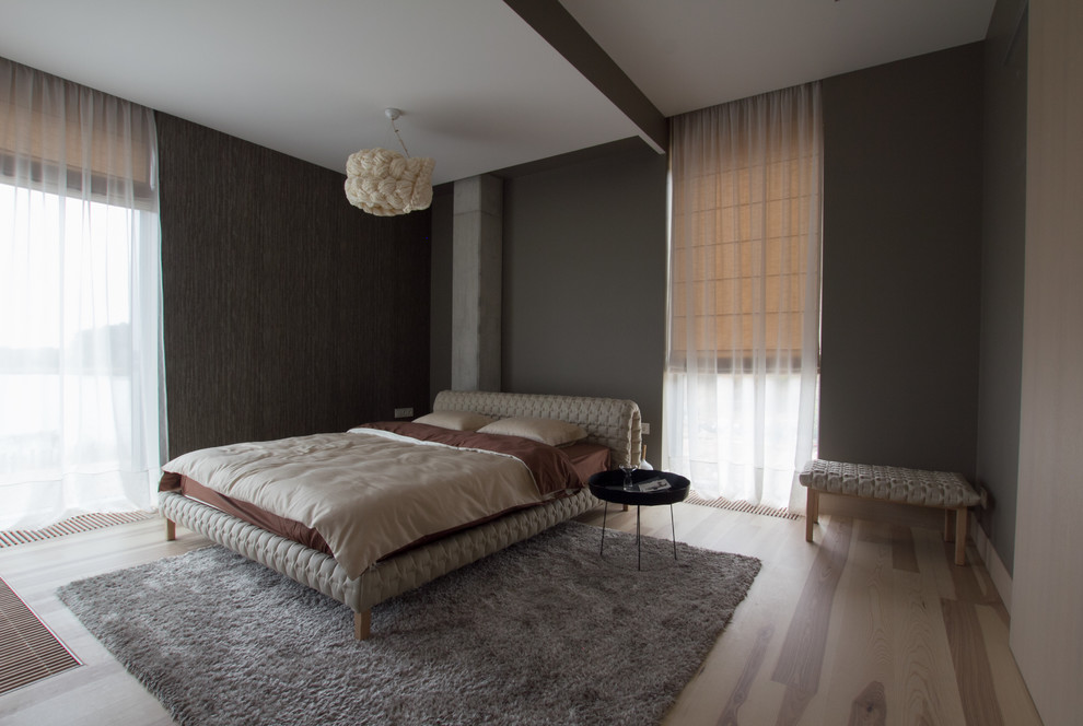 Inspiration for a modern bedroom in Other with grey walls, light hardwood floors and no fireplace.