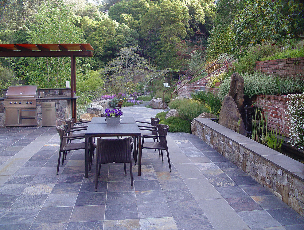 Expansive contemporary backyard patio in San Francisco with tile and a pergola.