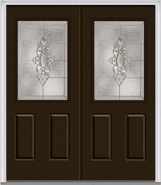 5 Lite 2 Panel Fiberglass Brown Double Door Traditional Front