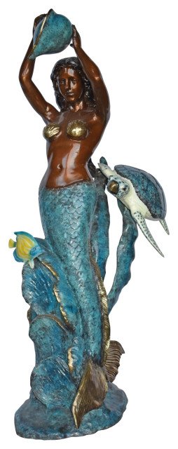 Mermaid Holding a Shell Fountain W Turtle Bronze Statue - Size: 32" x 19" x 60