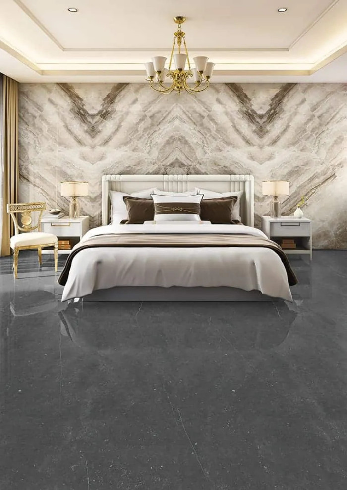 Idée de décoration pour une chambre parentale victorienne de taille moyenne avec un mur gris, un sol en carrelage de porcelaine et un sol noir.
