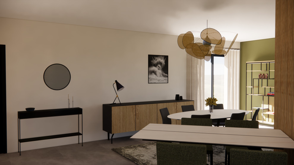 Idées déco pour une salle de séjour moderne avec un mur vert, un sol en carrelage de céramique, un sol gris et du papier peint.