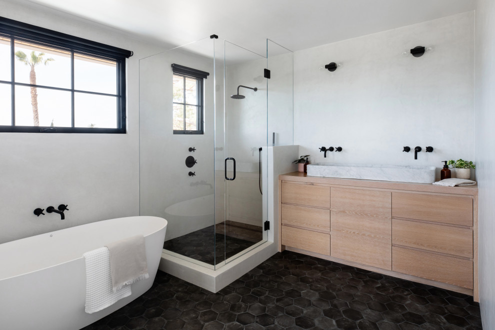 Design ideas for a large modern master bathroom in San Diego with a single vanity and a built-in vanity.