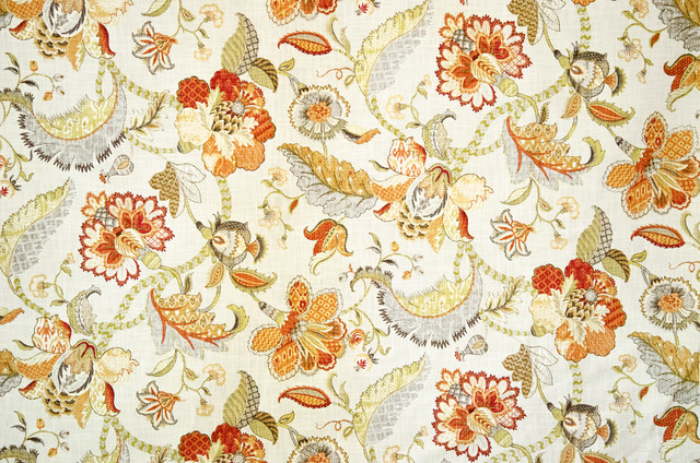 Indienne Fabric Jacobean Floral Orange, Sample