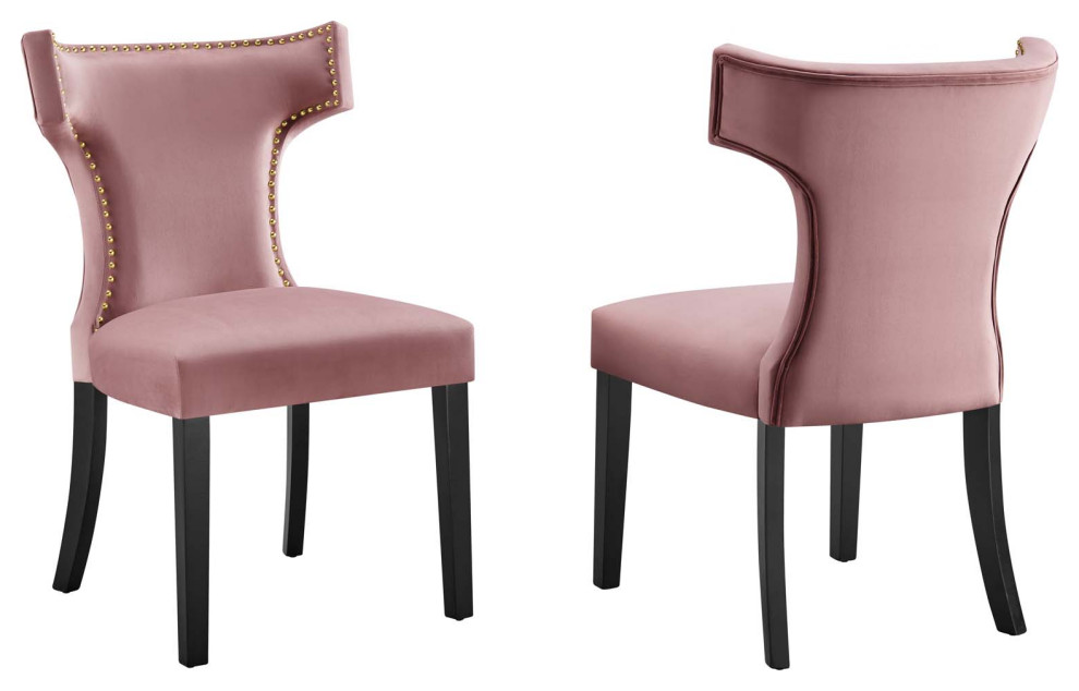 Curve Performance Velvet Dining Chairs, Set of 2, Dusty Rose Contemporary Dining Chairs by