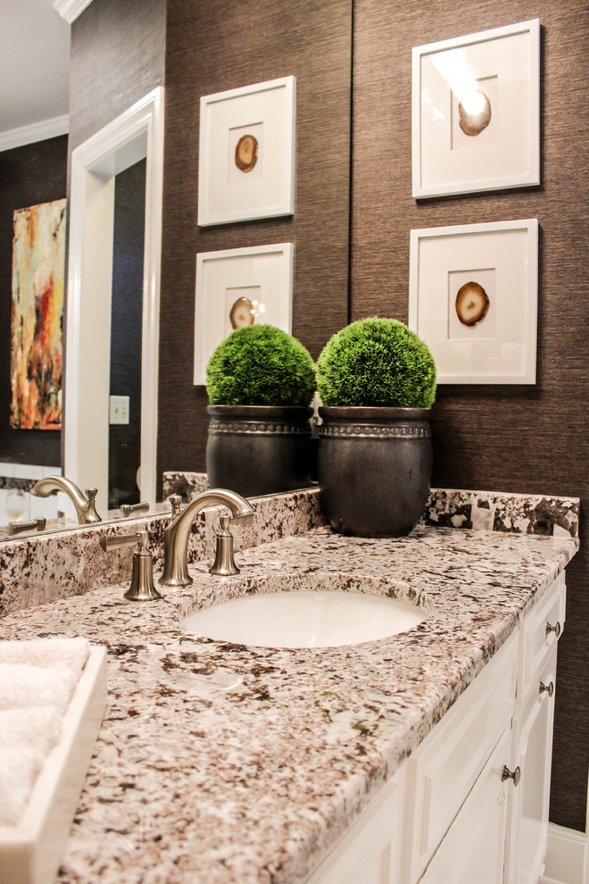 Large transitional master white tile and ceramic tile ceramic tile bathroom photo with white cabinets, brown walls, an undermount sink and granite countertops