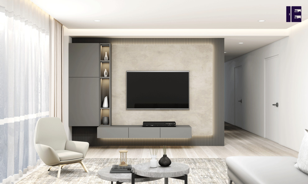 This is an example of a small modern open plan home cinema in London with a built-in media unit and feature lighting.