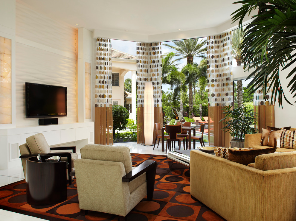 Design ideas for a contemporary open concept family room in Miami with a wall-mounted tv.