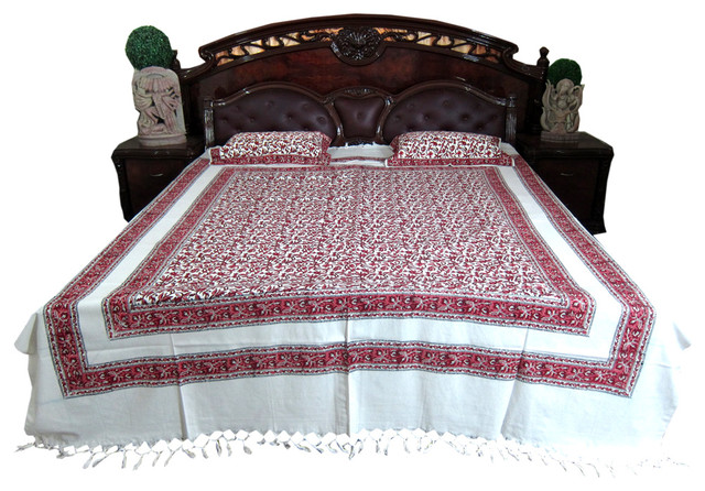 Cotton Tapestry Bedspreads White Maroon Floral Printed Indian Bedding