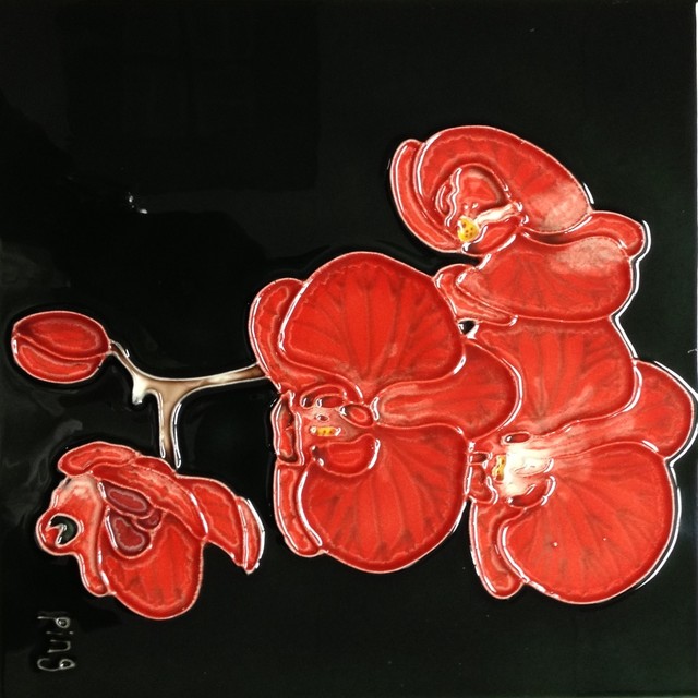 3 Red Orchid On a Black Background Tile