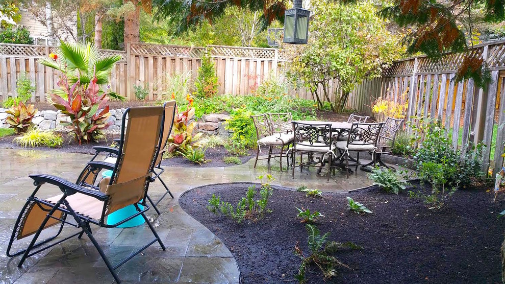 Mid-sized contemporary backyard patio in Portland with concrete pavers and no cover.