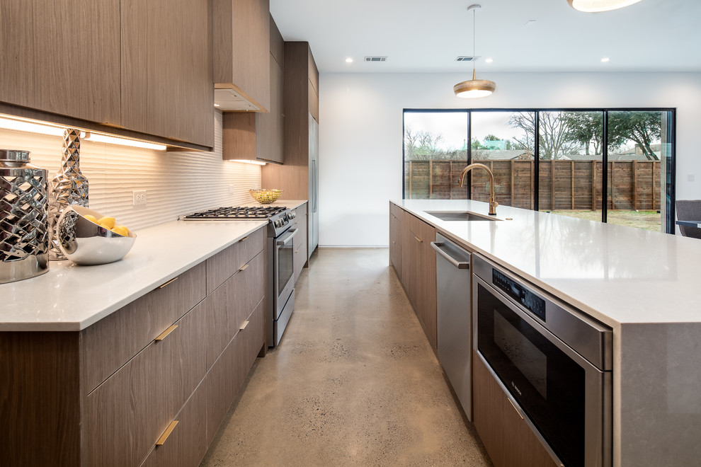 Inspiration for a large modern l-shaped open plan kitchen in Dallas with an undermount sink, flat-panel cabinets, dark wood cabinets, white splashback, stainless steel appliances, with island, white benchtop, quartz benchtops, concrete floors and grey floor.