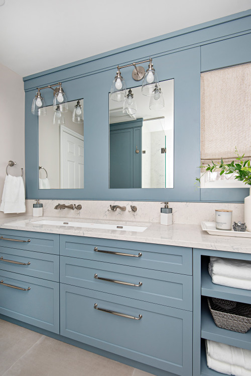 Coastal Harmony: Blue Vanity and Nickel Accents for Bathroom Vanity Lighting Fixtures