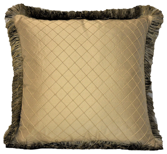 Solid Gold Silk Textured Pillow With Fringe, 20"x20"
