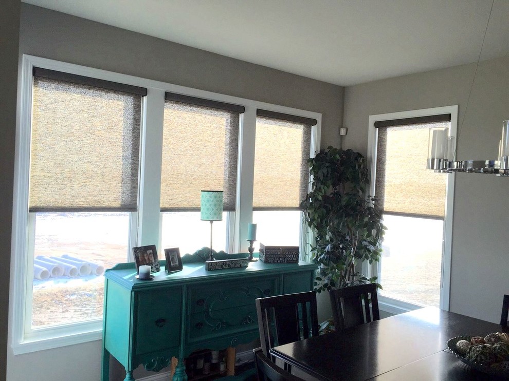 Example of a mid-sized transitional enclosed dining room design in Indianapolis with beige walls and no fireplace