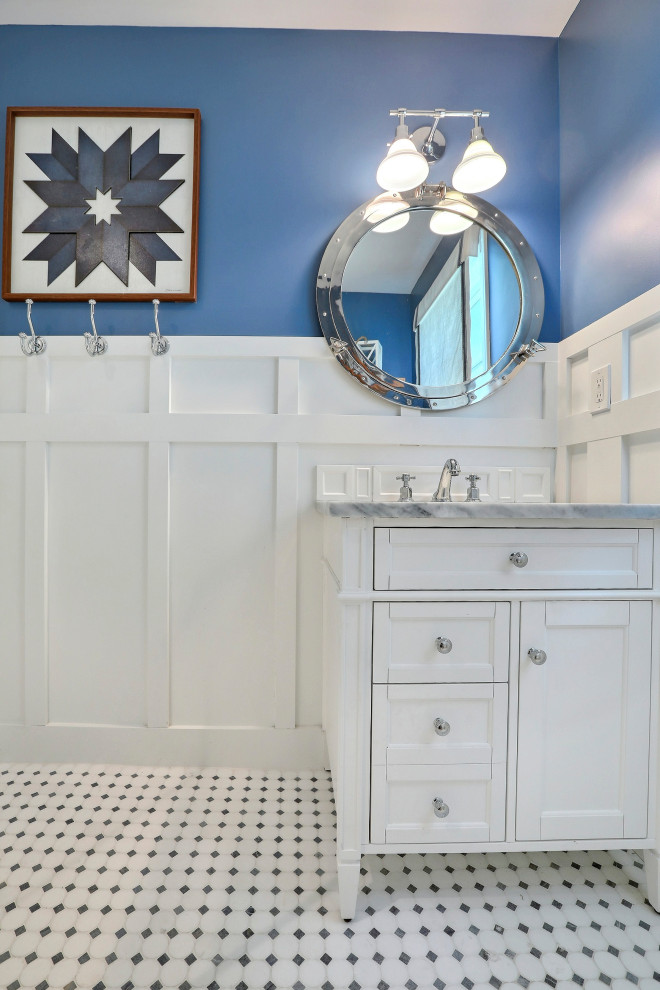 Inspiration for a medium sized coastal family bathroom in Other with white cabinets, a built-in shower, white walls, a submerged sink, engineered stone worktops, grey floors, a hinged door, grey worktops, double sinks and a freestanding vanity unit.