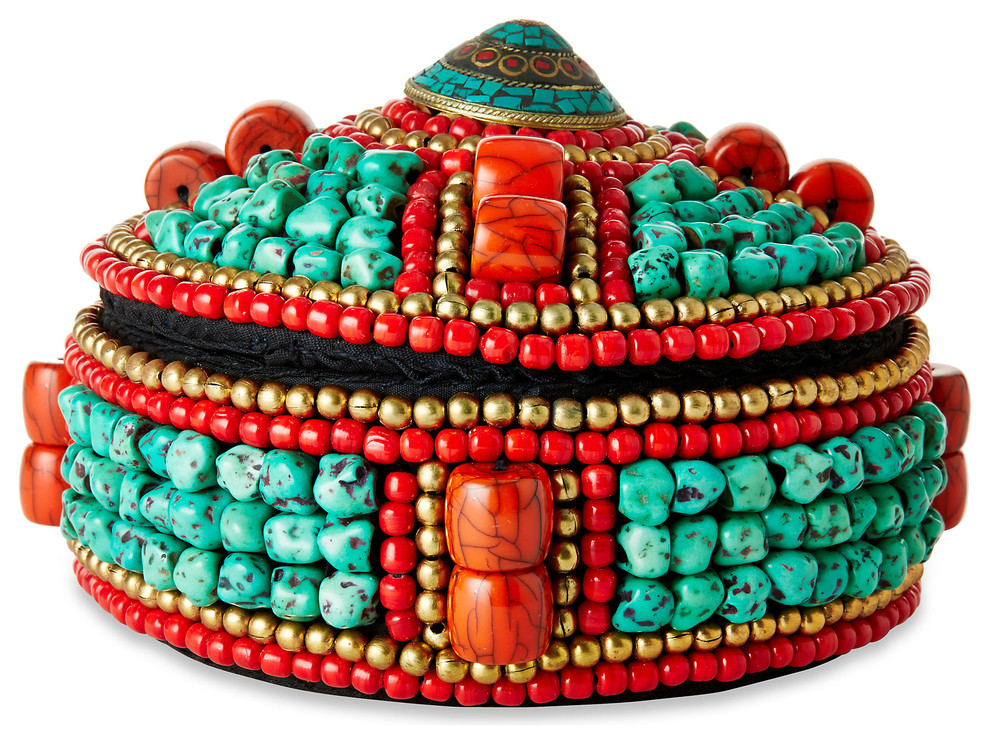 Beaded Box, Turquoise and Red