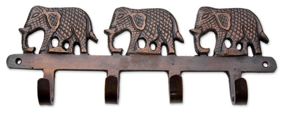 Adventurous Elephants Brass Key Holder