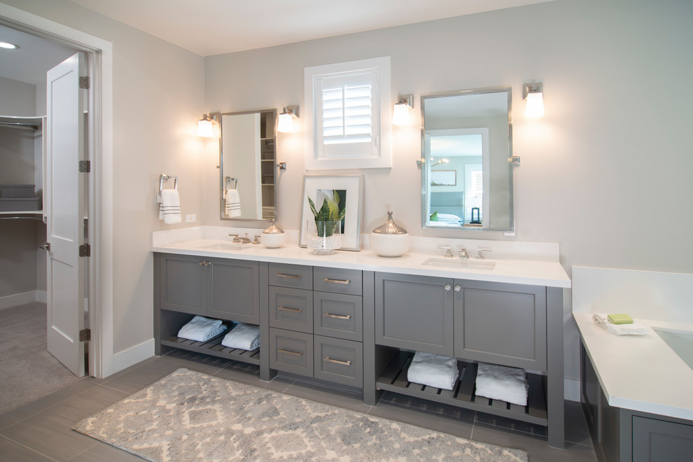 Inspiration for a transitional master bathroom in San Francisco with recessed-panel cabinets and grey cabinets.