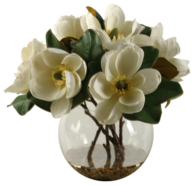 Cream Magnolias In Clear Gl Bubble Bowl Contemporary Cream Magnolias In Clear Gl Bubble Bowl