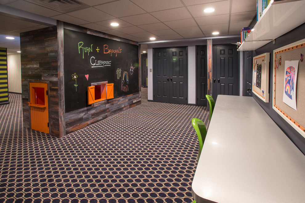 Example of a mid-sized transitional gender-neutral carpeted kids' room design in New York with blue walls