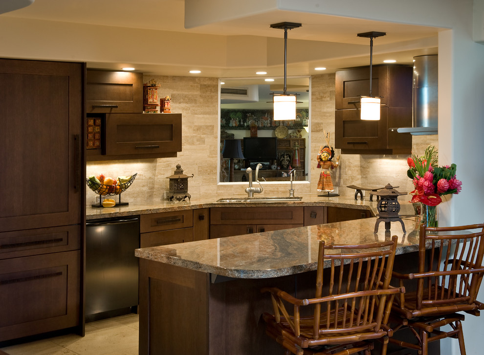 This is an example of a small asian u-shaped eat-in kitchen in Hawaii with shaker cabinets, dark wood cabinets, granite benchtops, beige splashback, stone tile splashback, panelled appliances, marble floors and a peninsula.