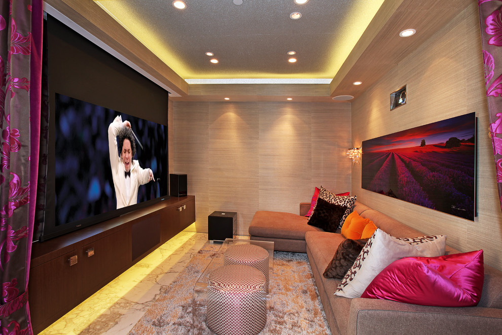 Small contemporary home theatre in Orange County with a projector screen.