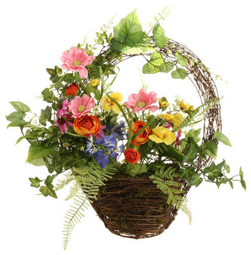 Artificial Yellow Hibiscus In Cone Hanging Basket Transitional Artificial White Petunia In Square Hanging Basket Transitional