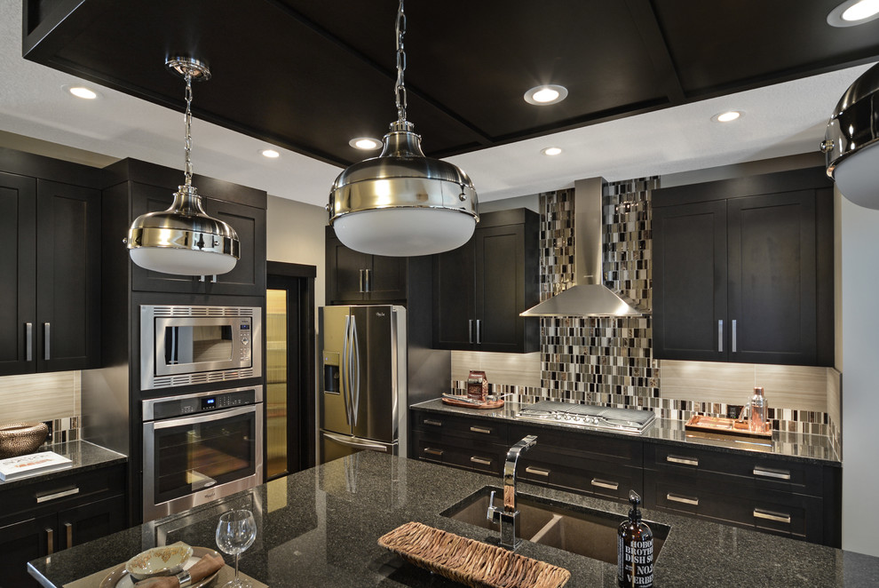 Example of a transitional kitchen design in Calgary with multicolored backsplash and mosaic tile backsplash