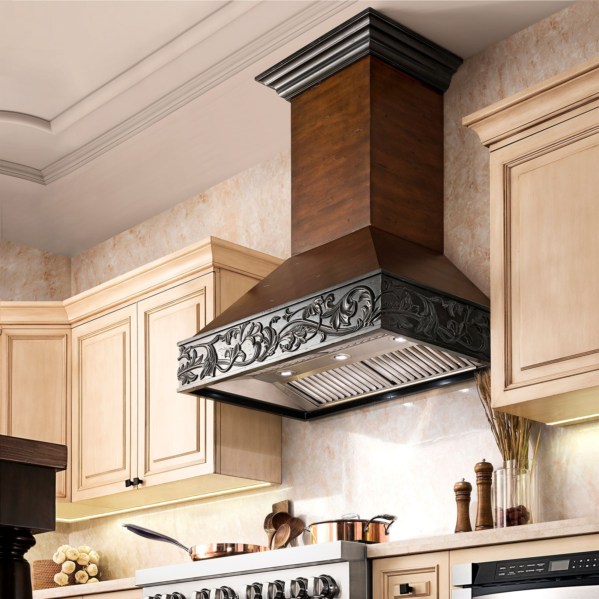 Kitchens featuring a ZLINE Wooden Wall Range Hood